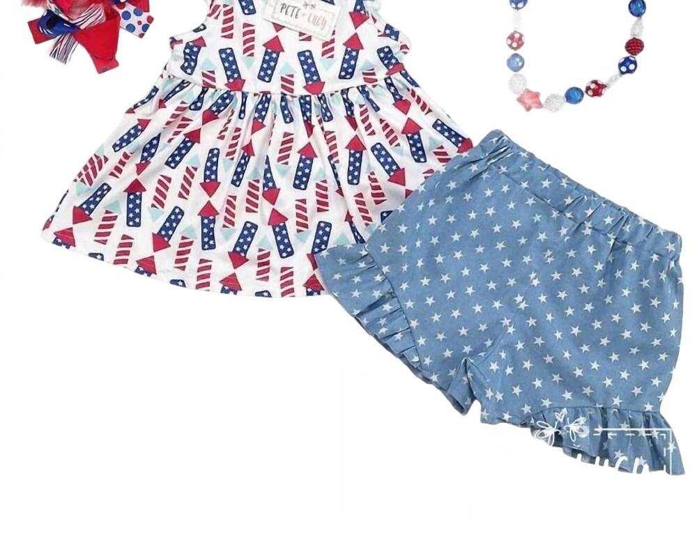 NEW PETE + LUCY girls july 4th chambray short set in white/blue